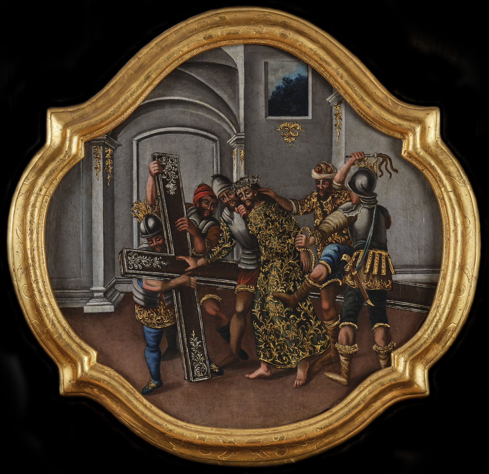 JESUS NAILED TO THE CROSS & SIMON OF CYRENE HELPING JESUS, Unidentified artist, Guatemala, 18th Century