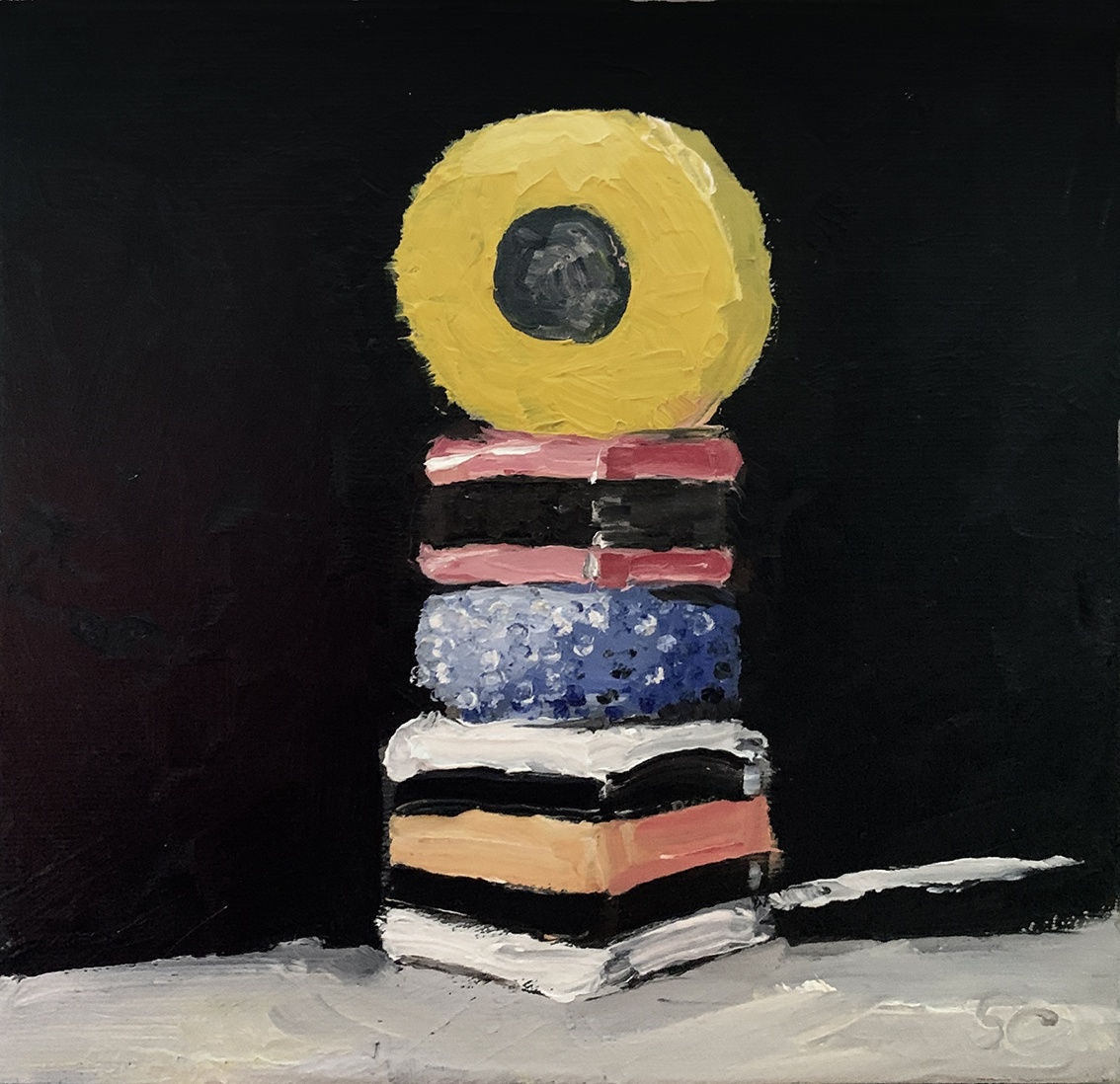 Oil Painting of stacked liquorice allsorts sweets on board by artist Stephen Charlton