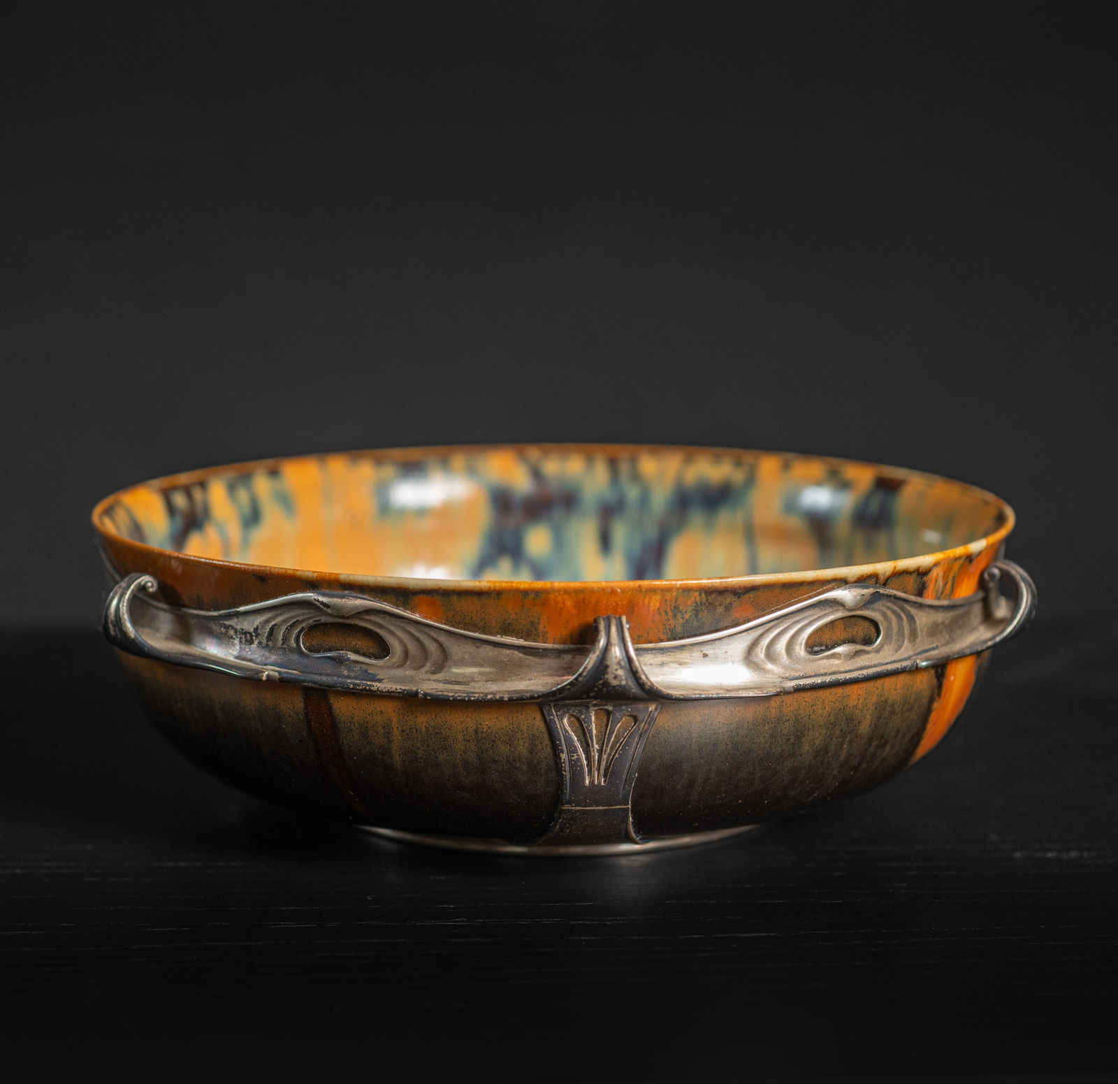 Auguste Delaherche, Copper Drip Bowl in Silver Mount,  c. 1900
