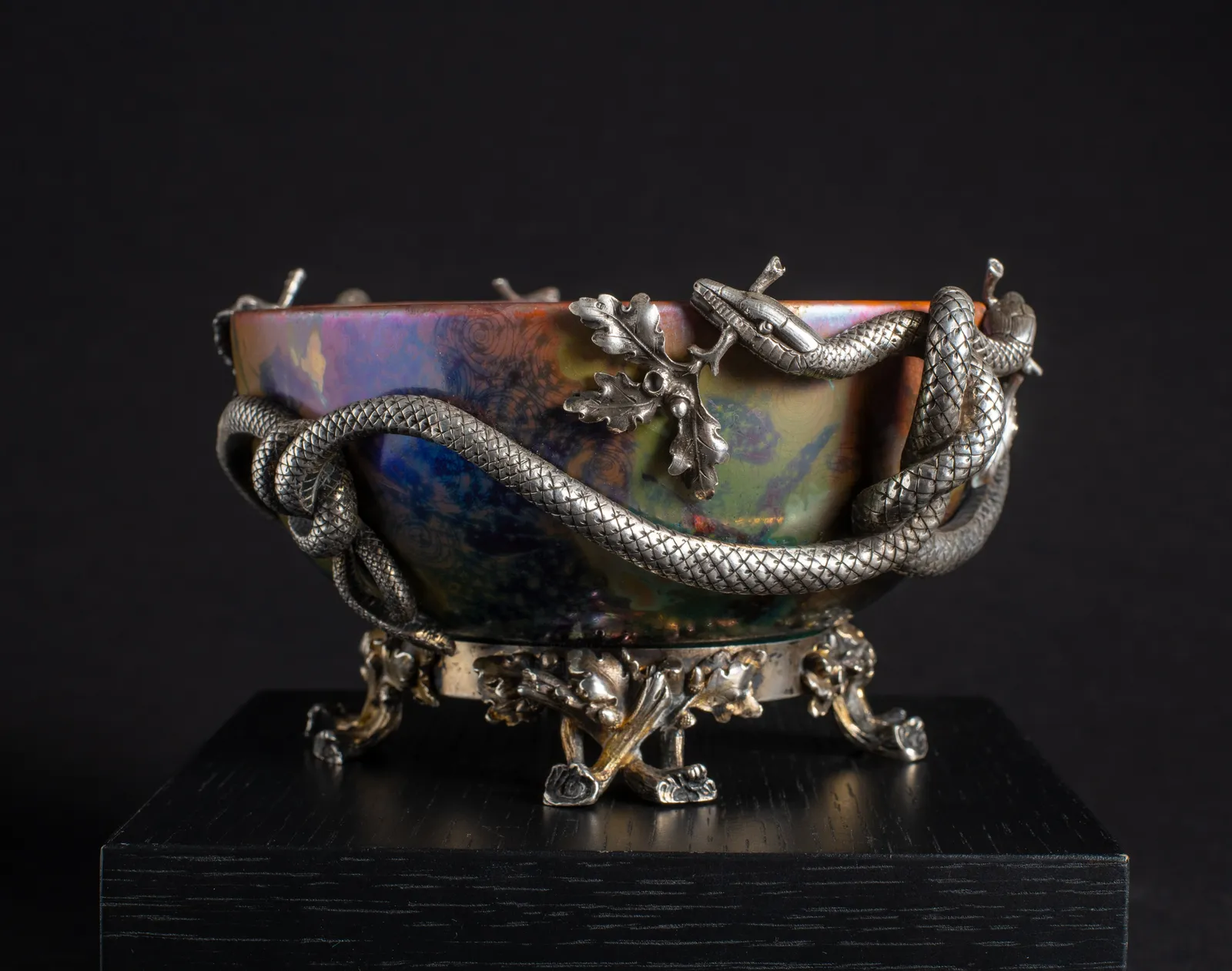 Massier, Leafy Bowl in Silver Entwined Serpent Mount,  c. 1895