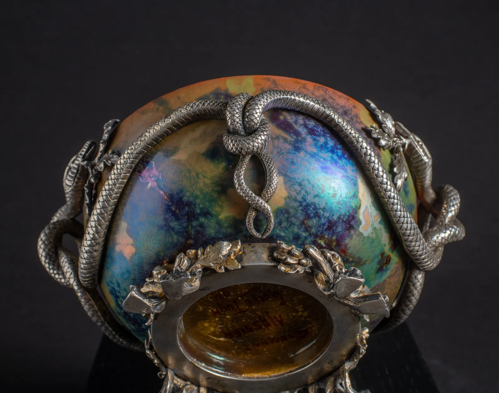 Massier, Leafy Bowl in Silver Entwined Serpent Mount,  c. 1895