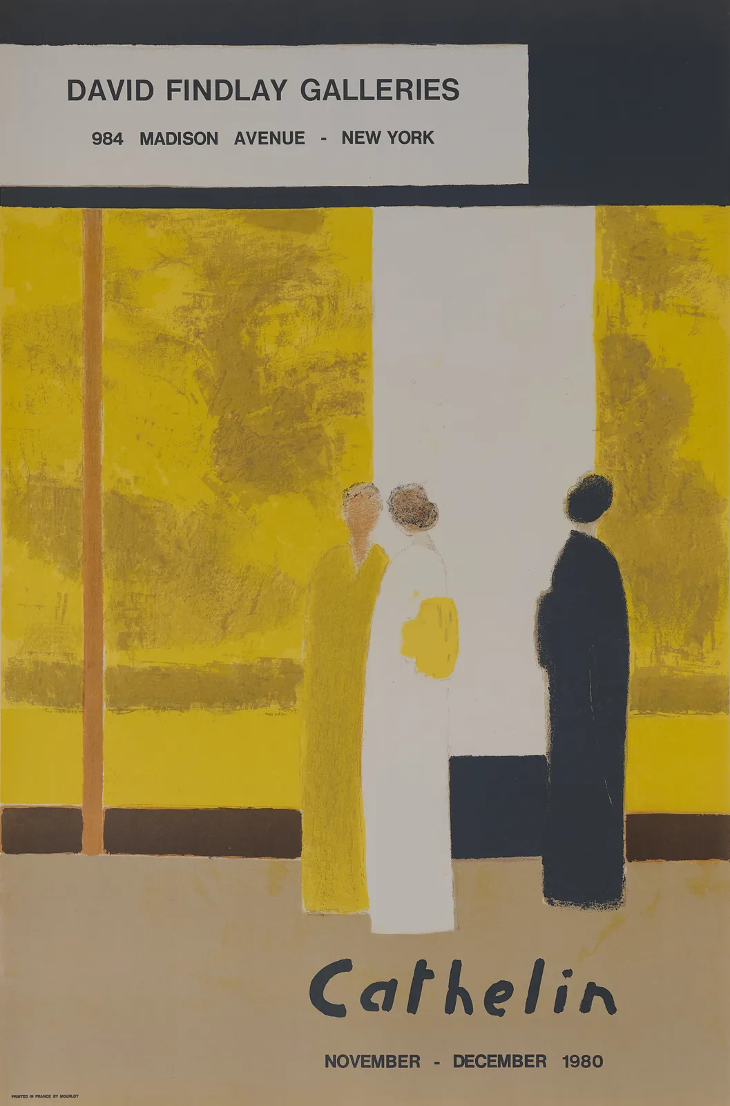 This poster is an original exhibition lithograph from 1980 promoting a show of works by French artist Bernard Cathelin at David Findlay Galleries. The composition reflects Cathelin's signature poetic, minimalist style. This restrained composition and color harmony are very typical of Cathelin's work from 1970s — 1980s, which often featured quiet figures, interiors, landscapes, and Mediterranean light.