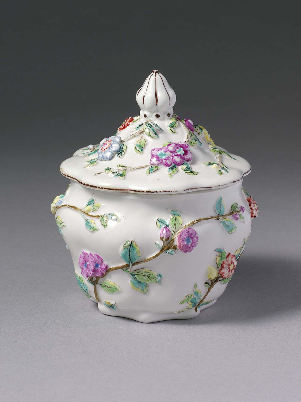 Chelsea Coloured Teaplant Moulded Sugar Box and Cover, Circa 1745-49. The Triangle Period.
