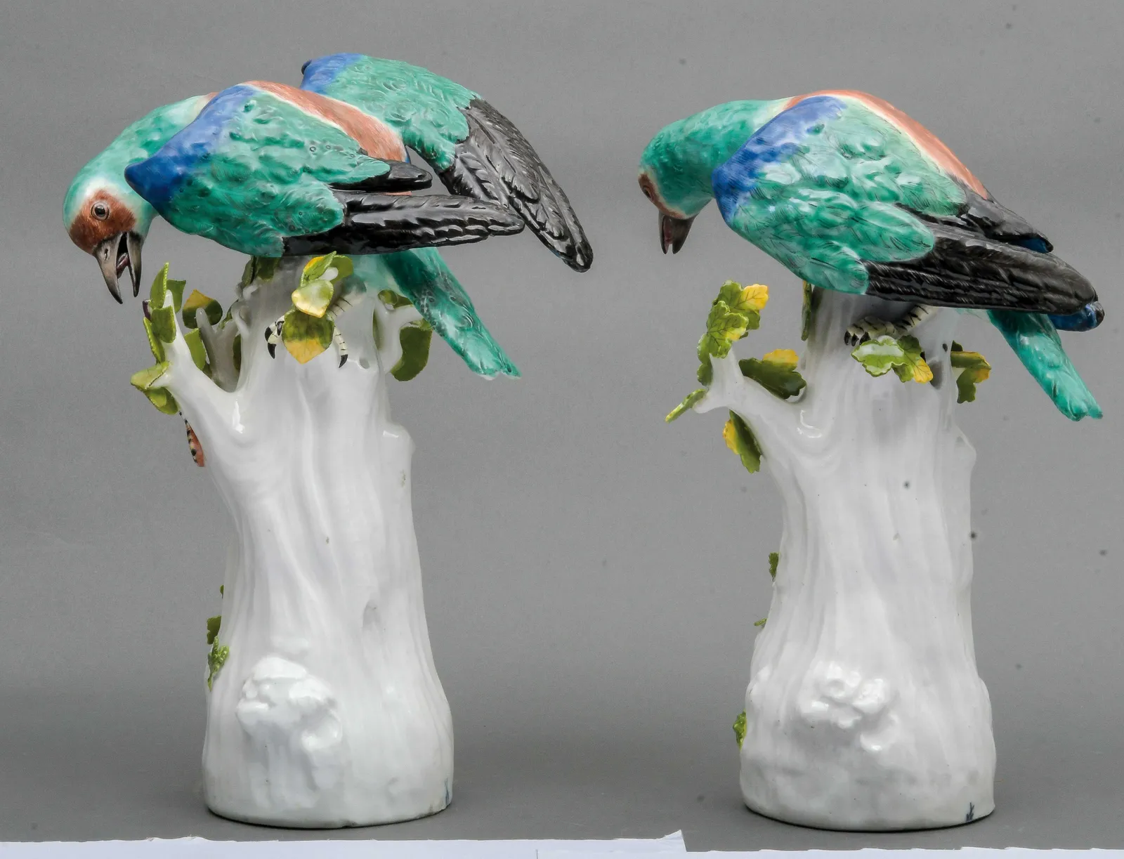 Highly important pair of Meissen Porcelain Models of Rollers – also known as Almond Crows modelled by J.J. Kaendler and J.G. Ehder, Circa 1739-40