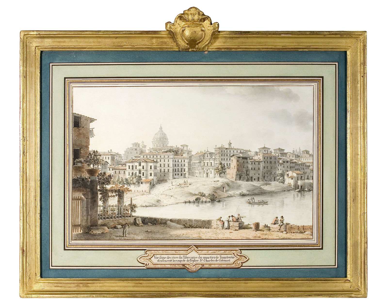 Victor-Jean NICOLLE, Vue d'une des rives du Tibre prise du quartier de Trastevere et la coupole de l'église Saint Charles de Catenari (d'une paire)