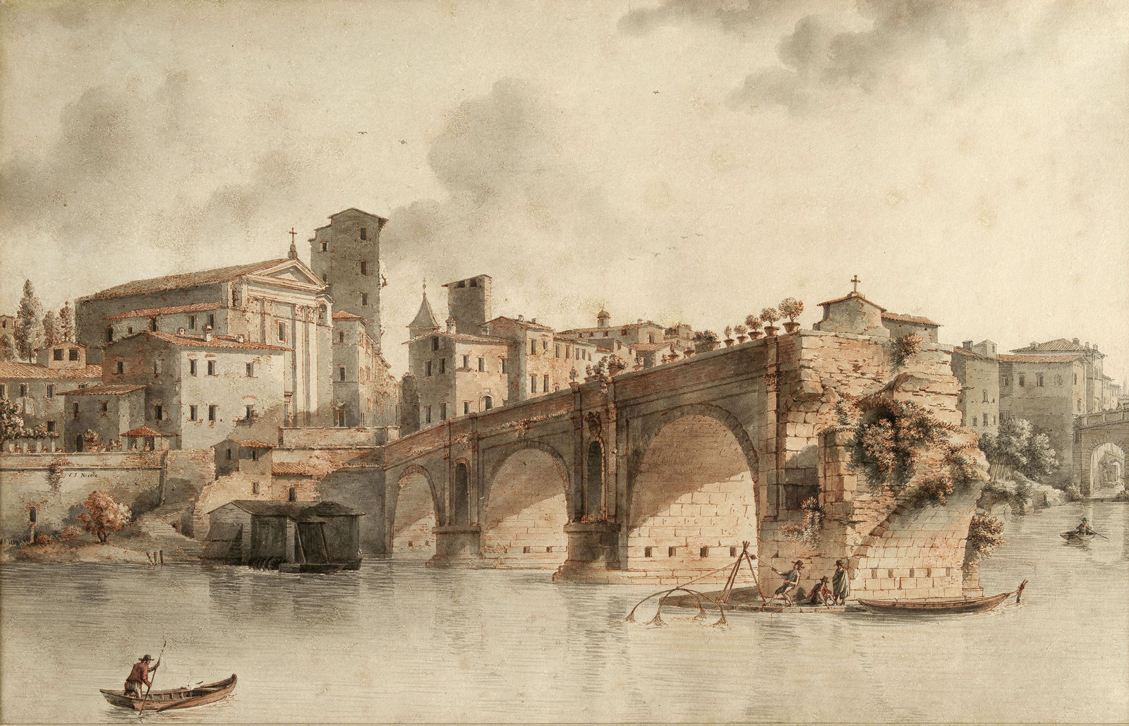 Victor Jean NICOLLE 1754 - Paris - 1826, Le Ponte Rotto à Rome et l'Eglise San Salvadore