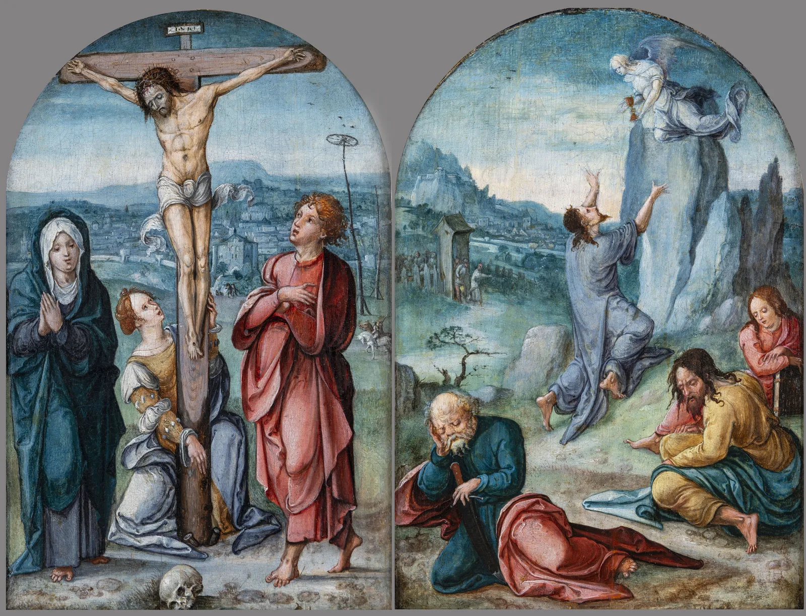 Lucas Cornelis ENGHELBRECHT vers 1493 - Leyde - 1552, L'agonie au Jardin des Oliviers et la Crucifixion