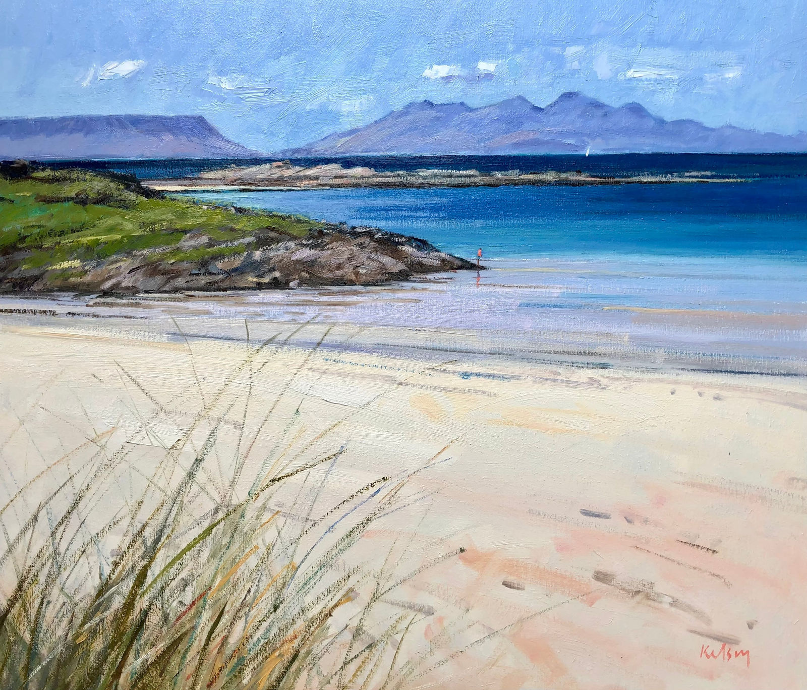 Robert Kelsey DA MUniv PAI FRSA A Yacht sailing off Rum Oil on linen 24 x 28