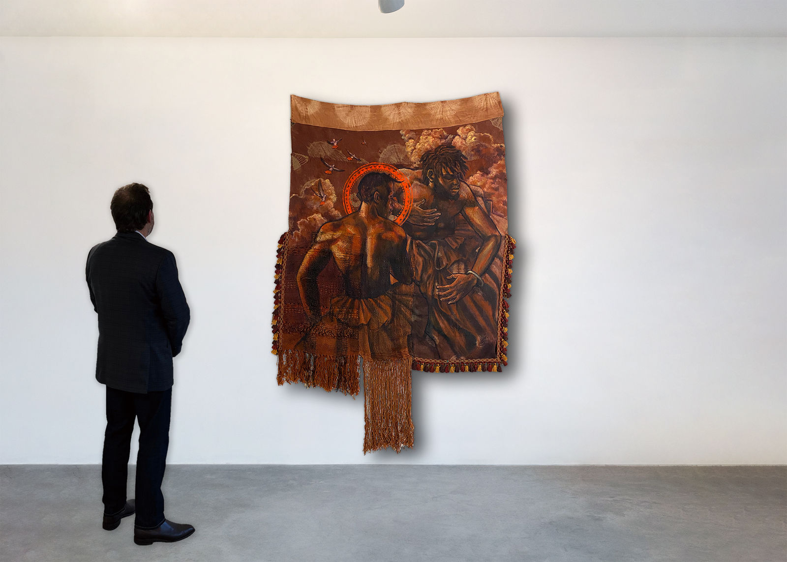 Stephen Hamilton (b. 1987) Tukula: The Second Moment of The sun, 2022 Acrylic and natural dyes and pigments on burlap and handwoven cotton cloth 92 x 62 in (233.7 x 157.5 cm)