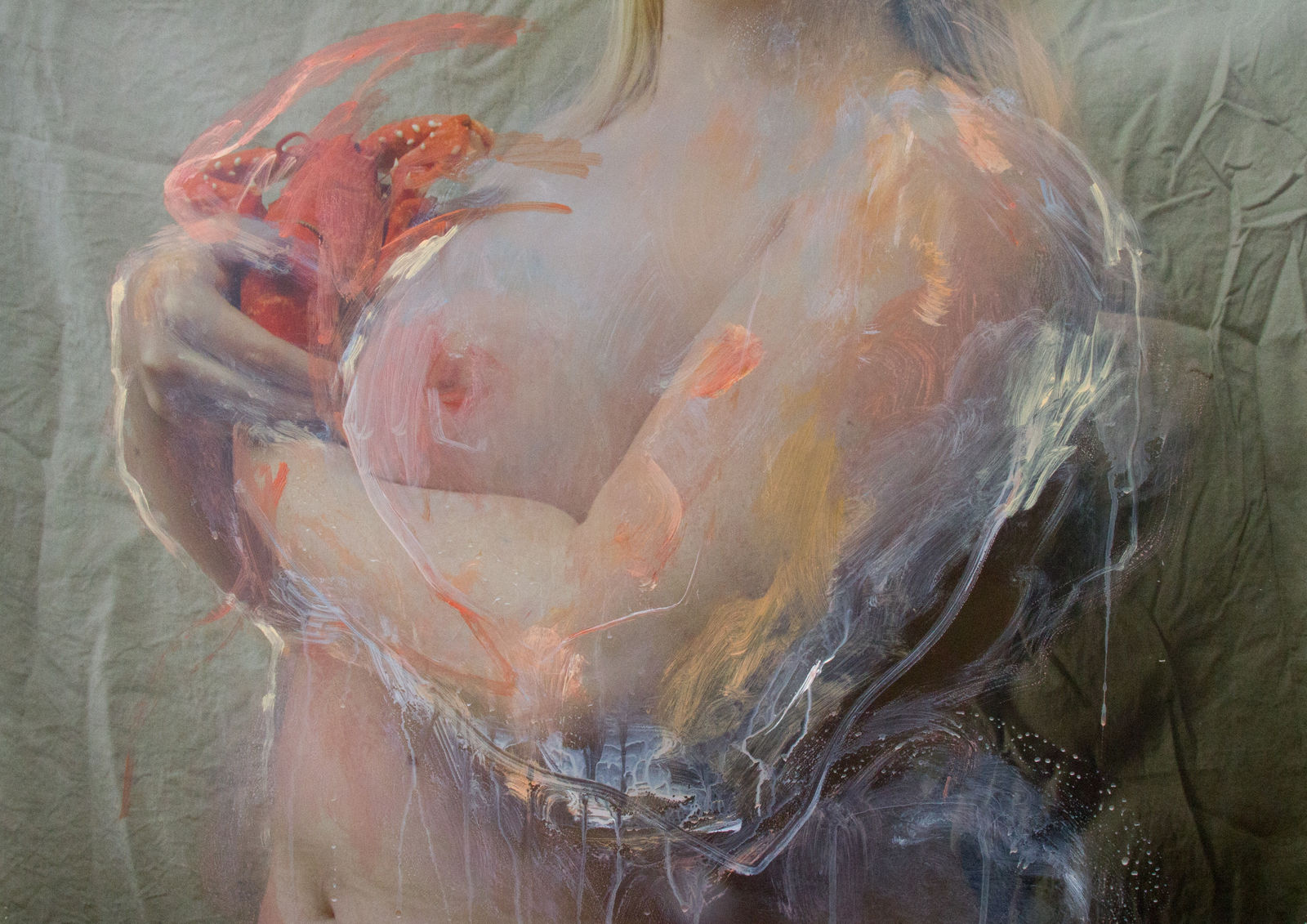 'Lobster', 2021. Acrylic on digital photograph on satin paper, framed in black.