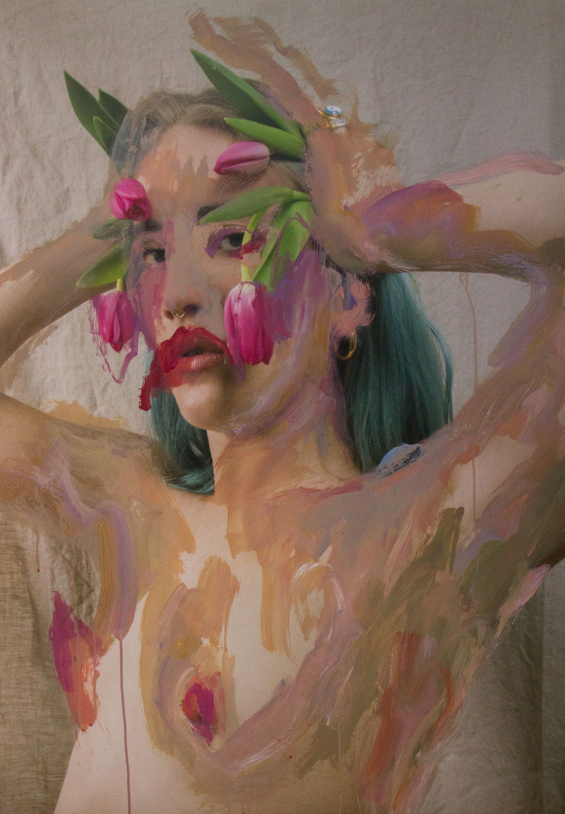 'Tulips', 2021. Acrylic on digital photograph on satin paper, framed in black.