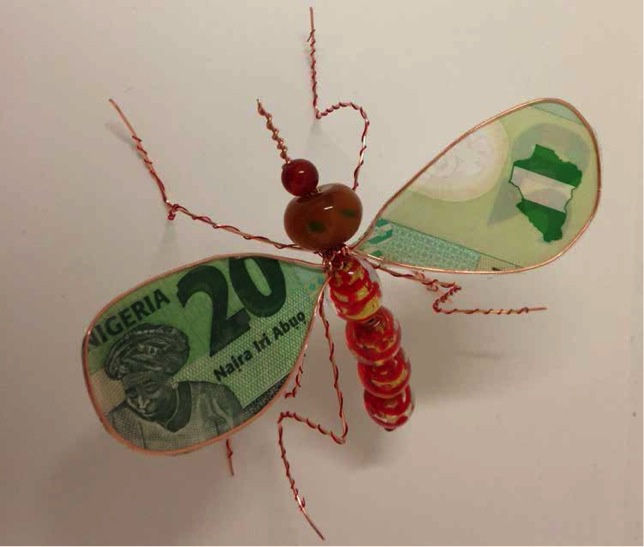 Adejoke Tugbiyele Moskito Ministry series 2011 African beads, tropical nuts, copper wire and naira bills Varied dimensions