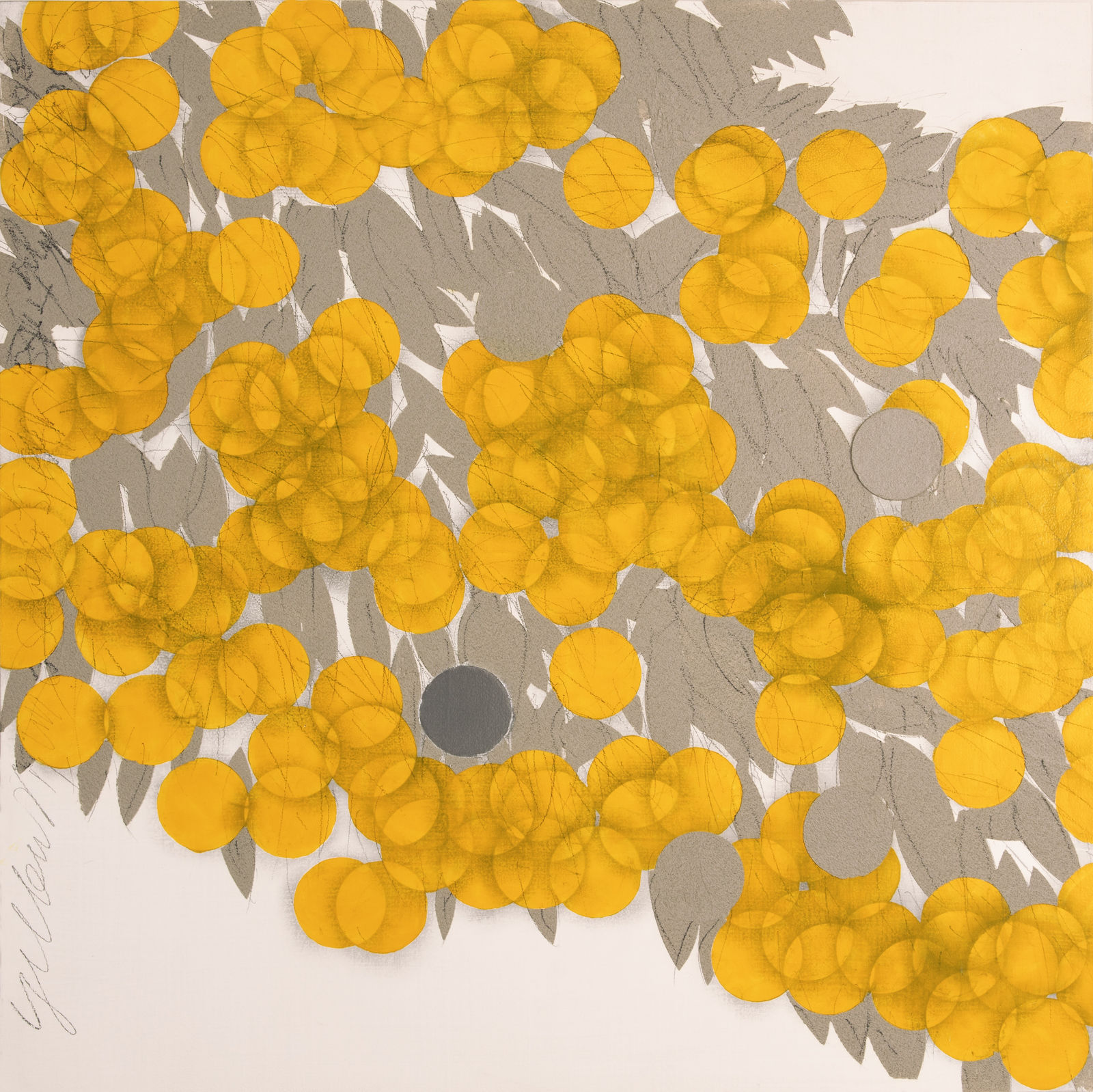 Donald Sultan, Yellow Mimosa with Silver Ball July 28 2023, 2023