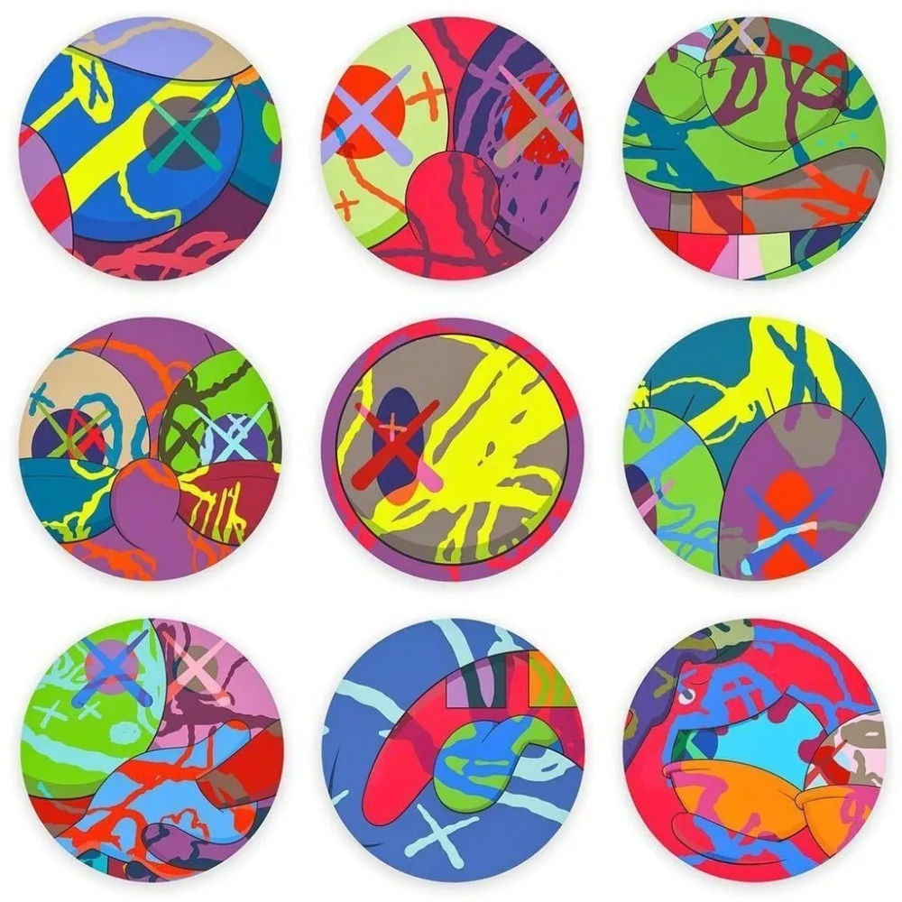 KAWS The News, 2017 Set of 9 silkscreens Size: 24 inches in diameter Edition of 100 Signed and Numbered For sale at Surovek Gallery