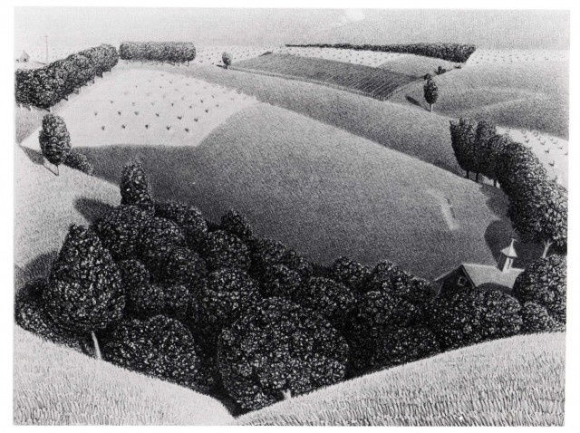 Grant Wood July 15, 1938 Lithograph on wove paper 9 x 11 7/8 inches Edition: 250 Signed in pencil l.r. For sale at Surovek Gallery