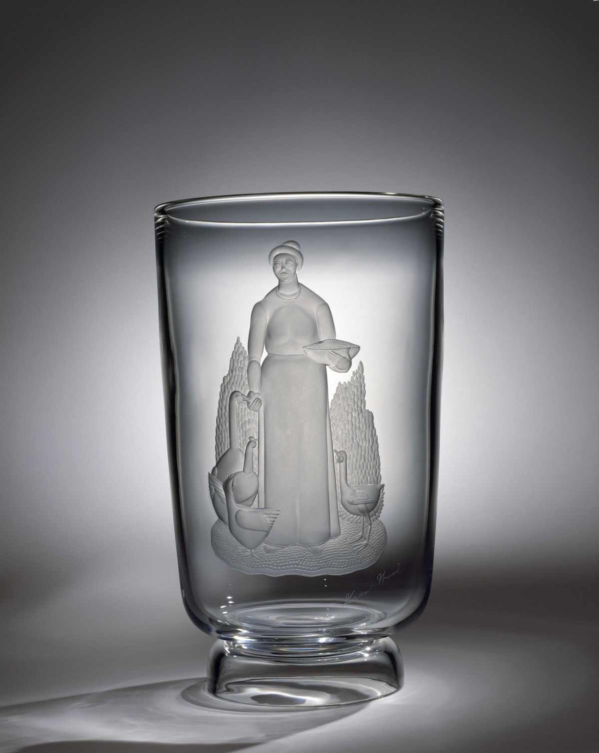 Grant Wood Vase with Woman Tending a Goose and Chickens, 1939