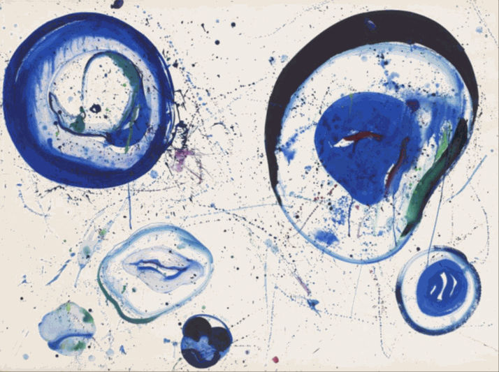 Sam Francis (1923-1994) Untitled (Blue Balls), c. 1961 Matte acrylic on paper 48 x 63 1/2 inches Inscribed in pencil with the Litho Shop identification number, locations painted, and dimensions of the work on verso: SF61-981 Bern/Paris 48″ x 63 1/2″ Available at Surovek Gallery