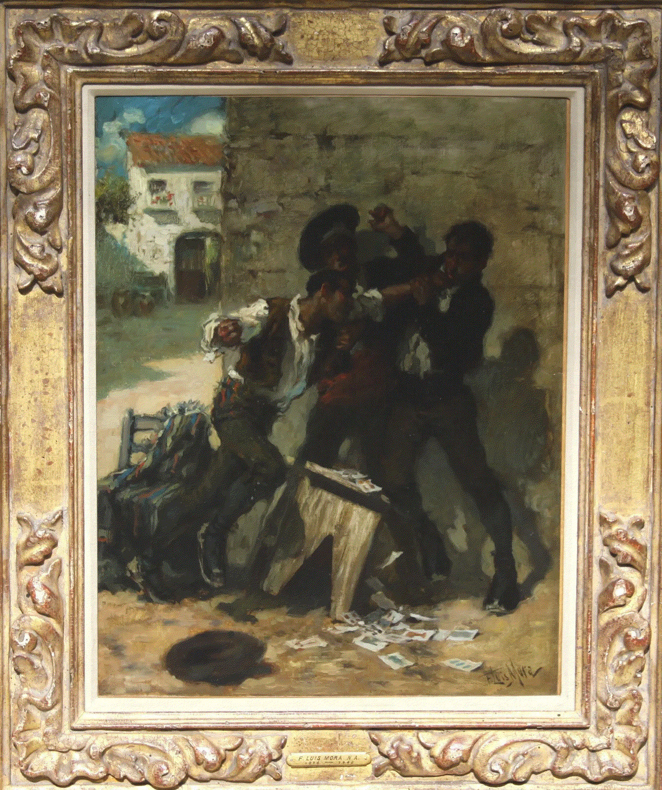 F. Luis Mora CARD SHARKS TANGLE Oil on canvas 18 x 14 in 45.7 x 35.6 cm Available at Surovek Gallery