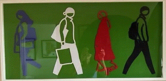 Julian Opie THE STREET #5, 2020 Lasercut in colors on mounted museum board 18 x 37 x 1 1/2 in 45.7 x 94 x 3.8 cm Available at Surovek Gallery