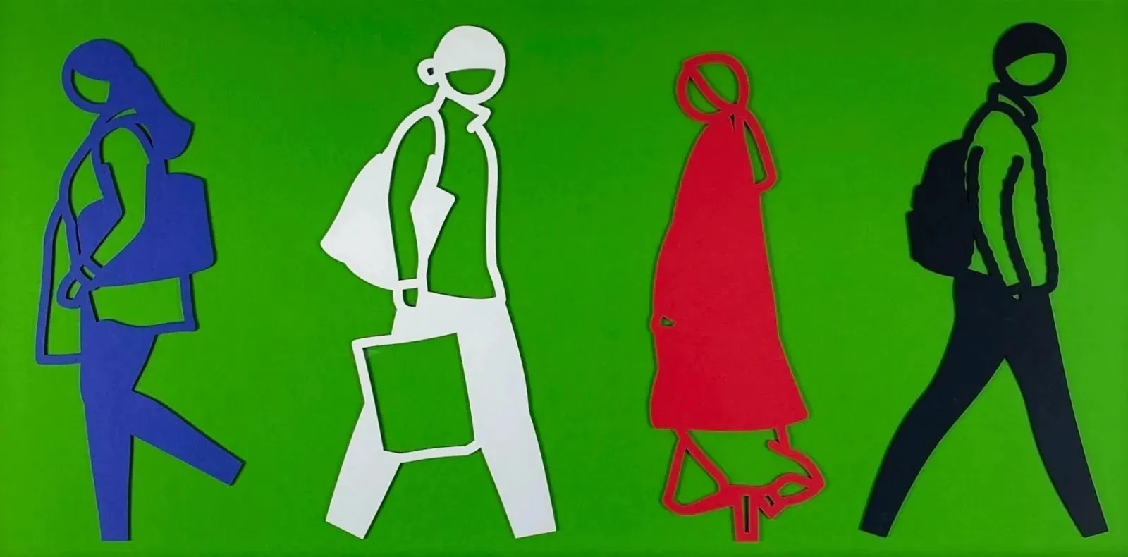 Julian Opie THE STREET #5, 2020 Lasercut in colors on mounted museum board 18 x 37 x 1 1/2 in 45.7 x 94 x 3.8 cm Available at Surovek Gallery