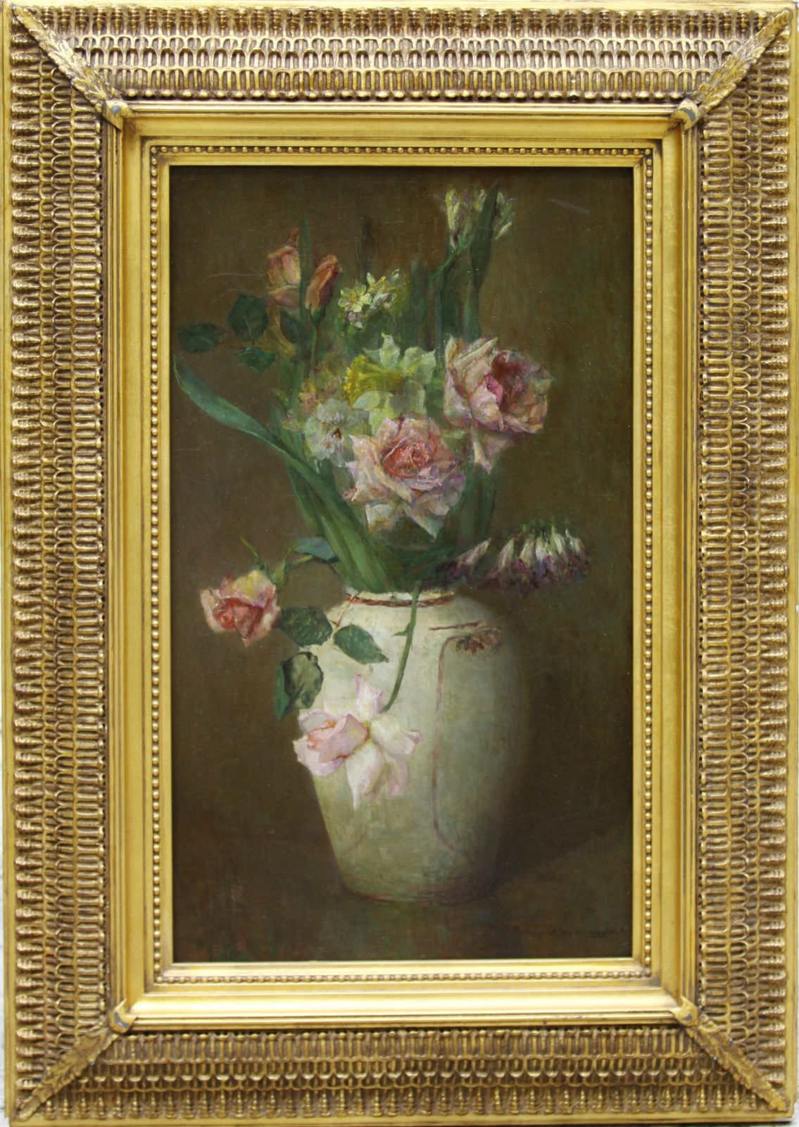 Maria Oakey Dewing Spring Flowers with Roses, Daffodils and Larkspur, 1923 Oil on canvas, 24 x 14 inches Signed and dated: Maria Oakey Dewing 1923