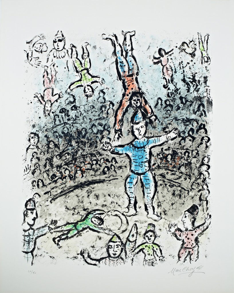 Marc Chagall Acrobats, 1984 Lithograph, Plate 24 x 18.7 inches, Sheet Size 32 x 25 1/2 inches Signed and numbered 24/50 Mourlot 1031 For sale at Surovek Gallery