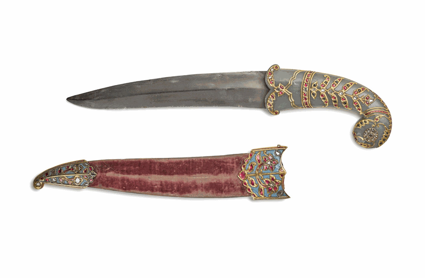 Mughal Dagger, A Mughal gem-set jade-hilted dagger and scabbard, India, 17th century