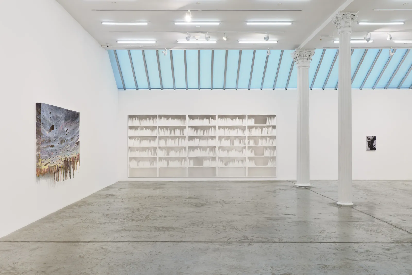 Felt, Velvet, Soot, Gypsum, Engine Oil, Installation view, Bortolami, New York, NY, 2026. Photo: Guang Xu.