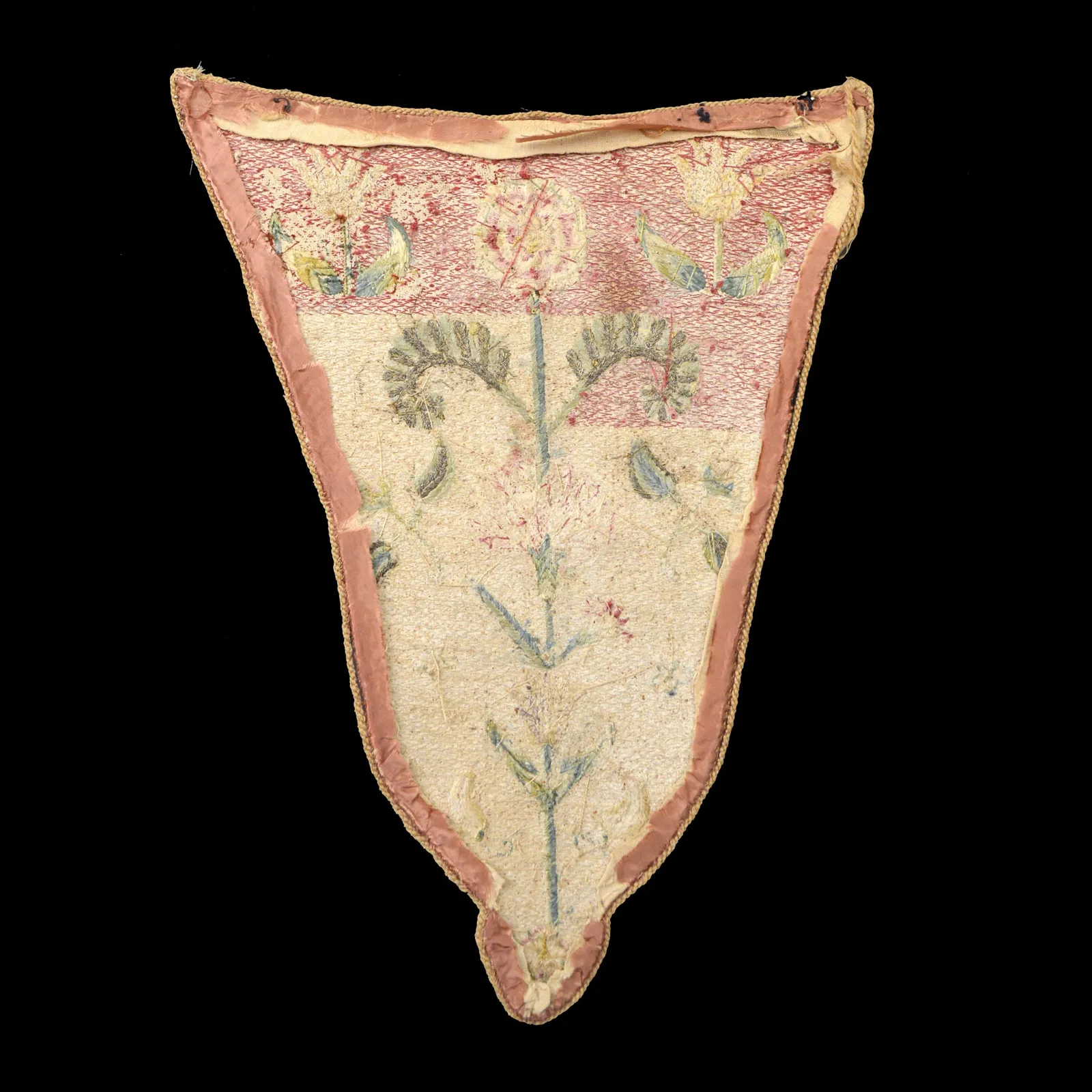 British, Embroidered silk and silver stomacher, ca. 1700