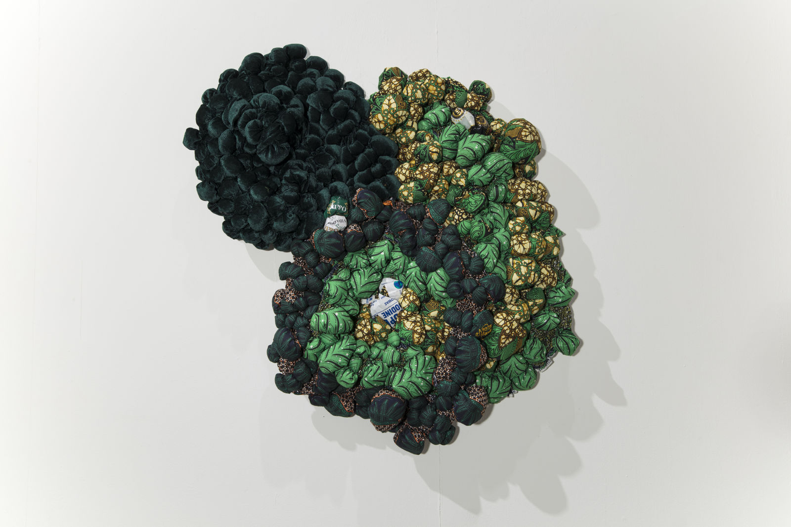 Samuel Nnorom, Shades and likeness, 2025, African Wax Print Fabric, 104 × 102 × 18 cm