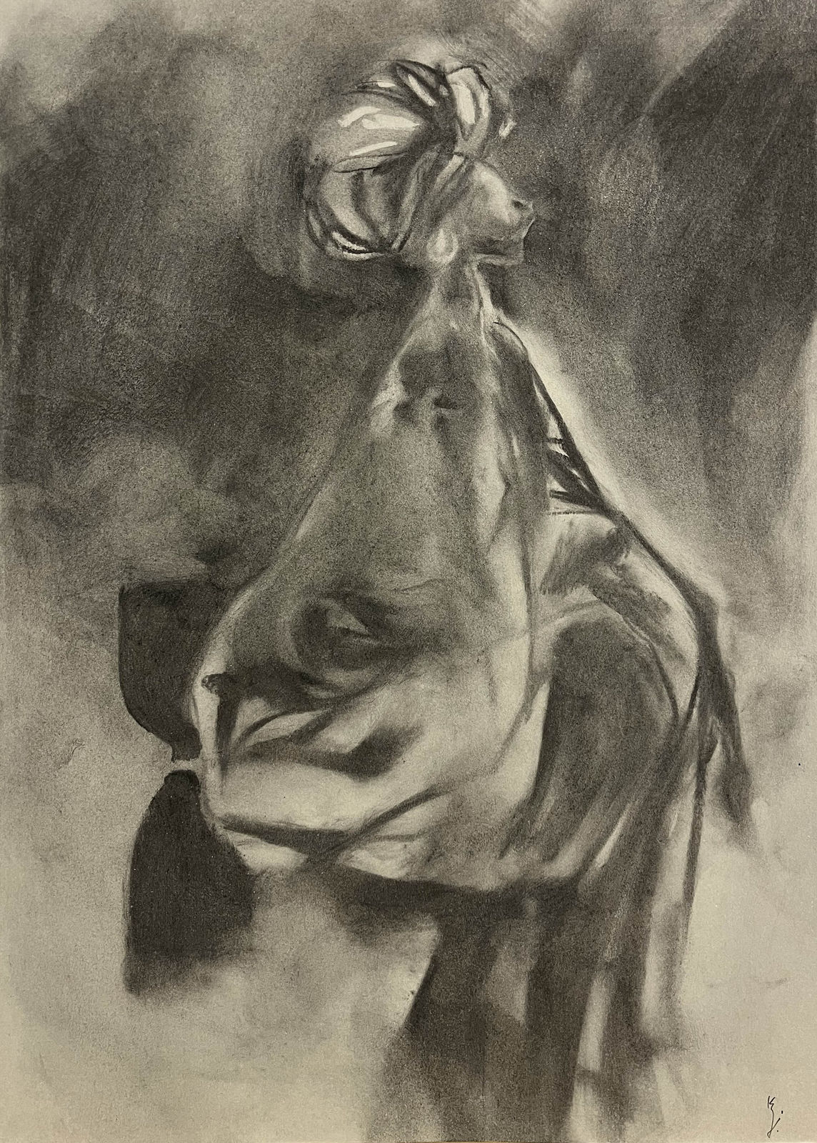 Graphite drawing of a seated female figure in profile, with her arms folded across her body, rendered in soft tonal shading.