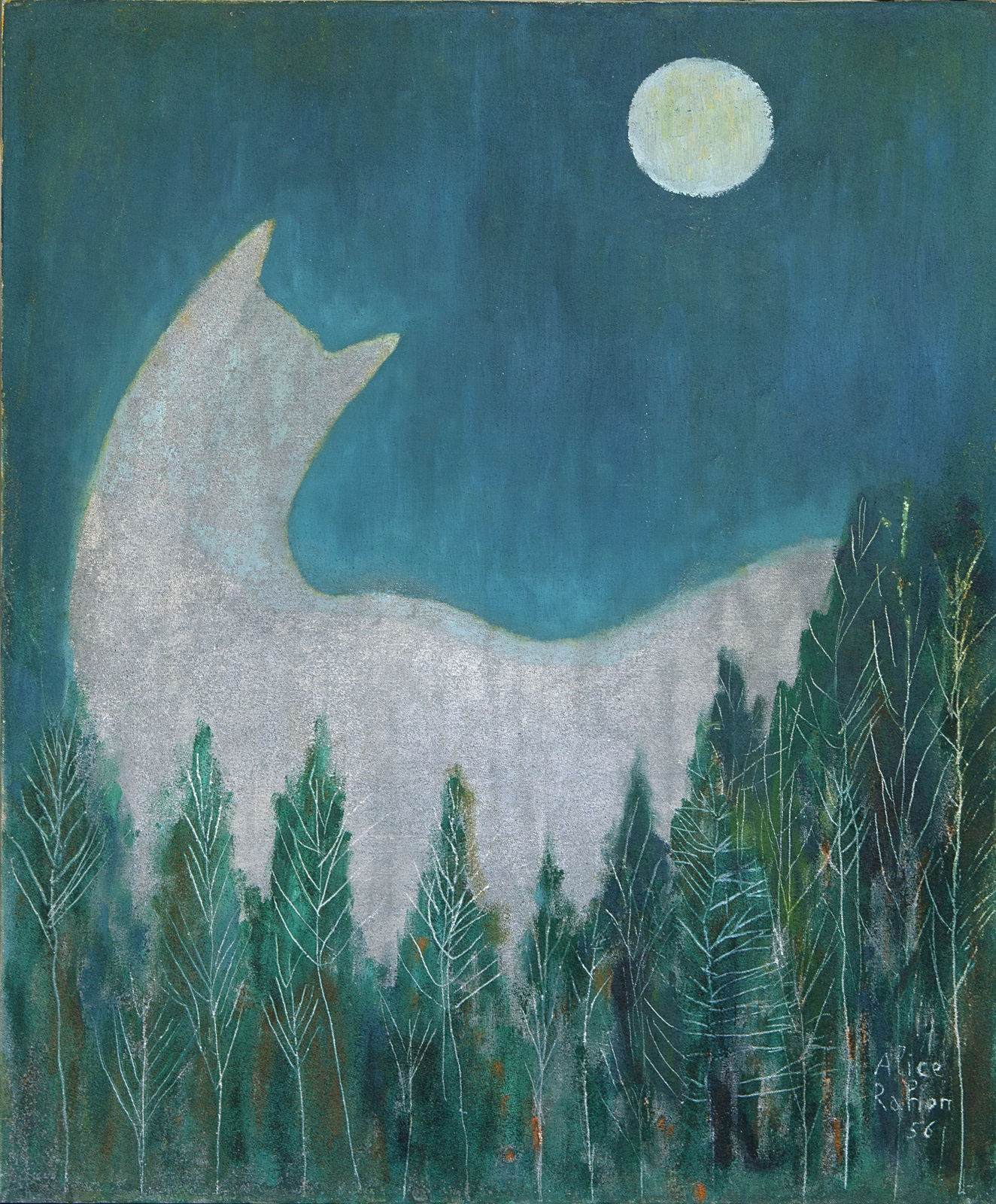Alice Rahon, Su majestad y la luna o Luna llena y gata blanca, 1956