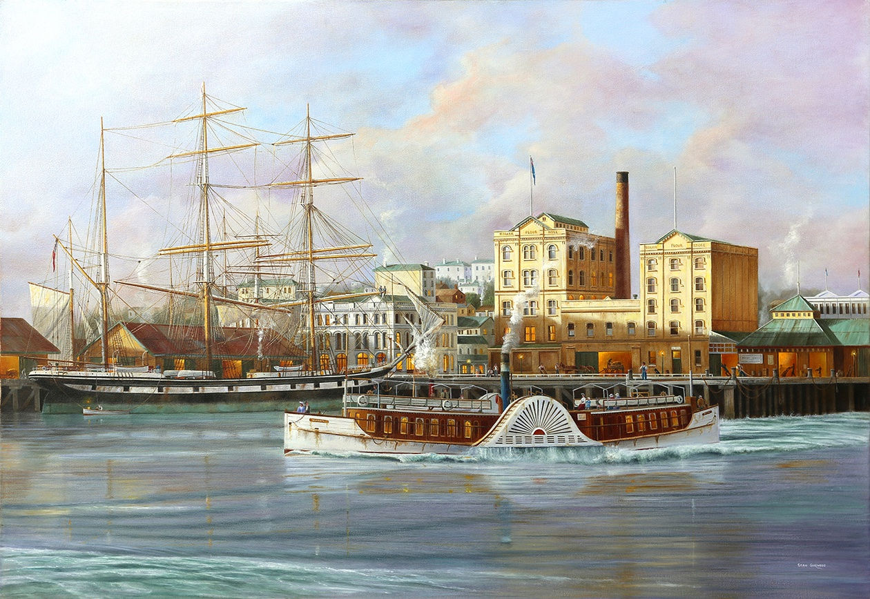 Sean Garwood, Auckland Waterfront, 1890 The Ferry 'Victoria' departing for Devonport
