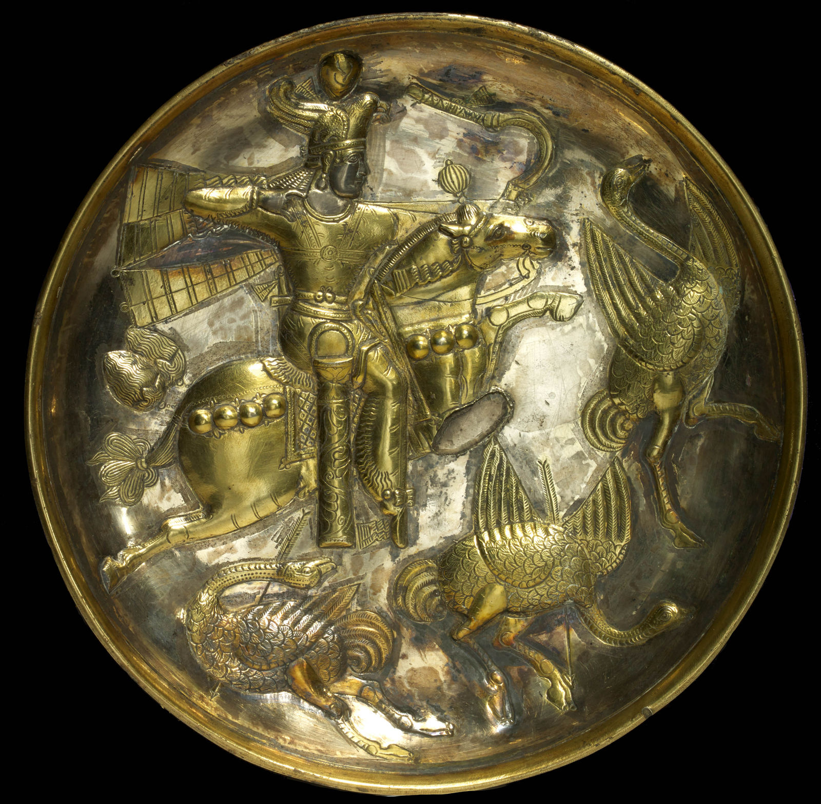 Plate with a royal ostrich hunt, Sasanian Empire, 5-6th century (?)