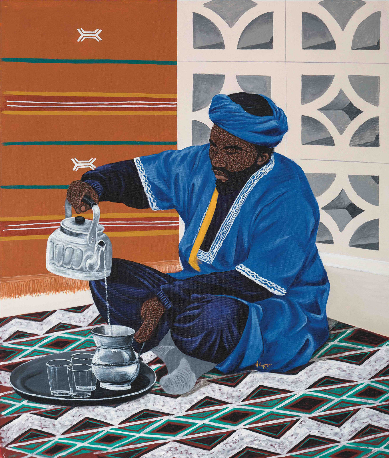 Hamid Nii Nortey, Sunnah of drinking water, Acrylique sur toile, 92 x 77 cm, 2023