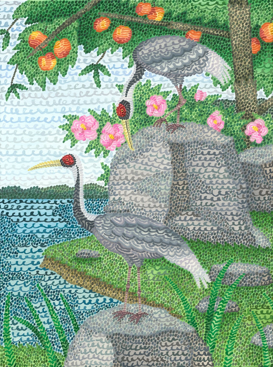 Howard Fonda, Untitled (cranes, peach tree, yuéjí)