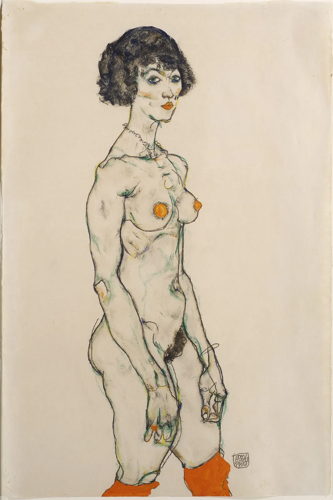 Egon Schiele, Standing Nude in Orange Stockings, 1914