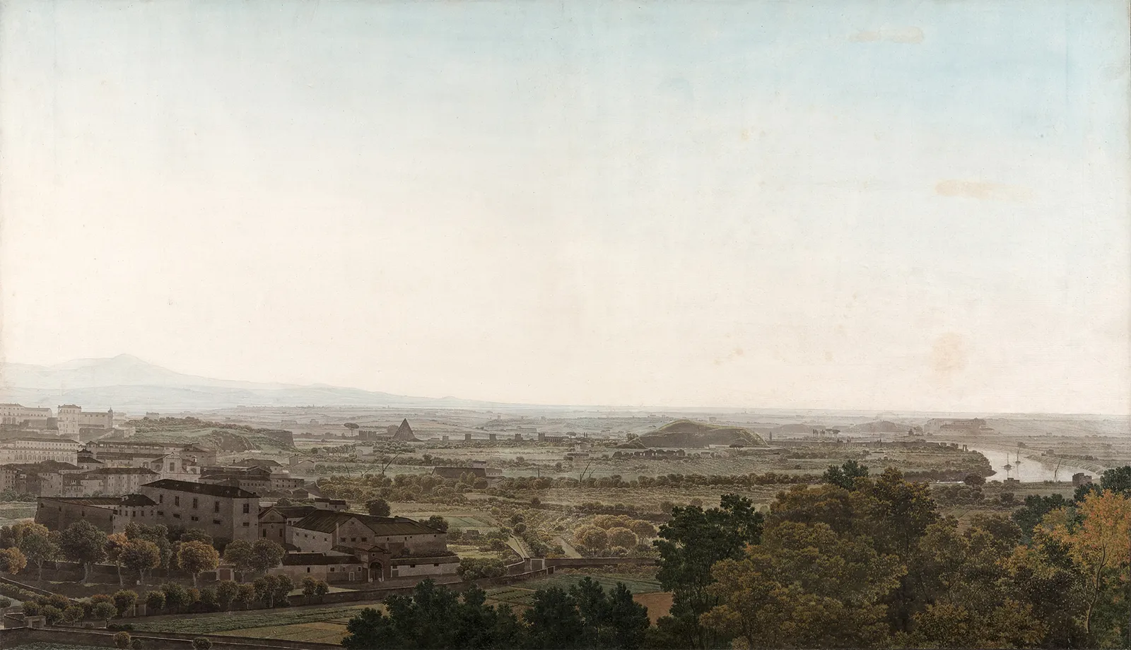 Giovanni Battista Lusieri ( Rome, 1754 - Athènes, 1821 ) , View of Rome from the Janiculum hill towards Trastevere and Ostiense, as far as the Basilica of San Paolo outside the walls , 1778-1779