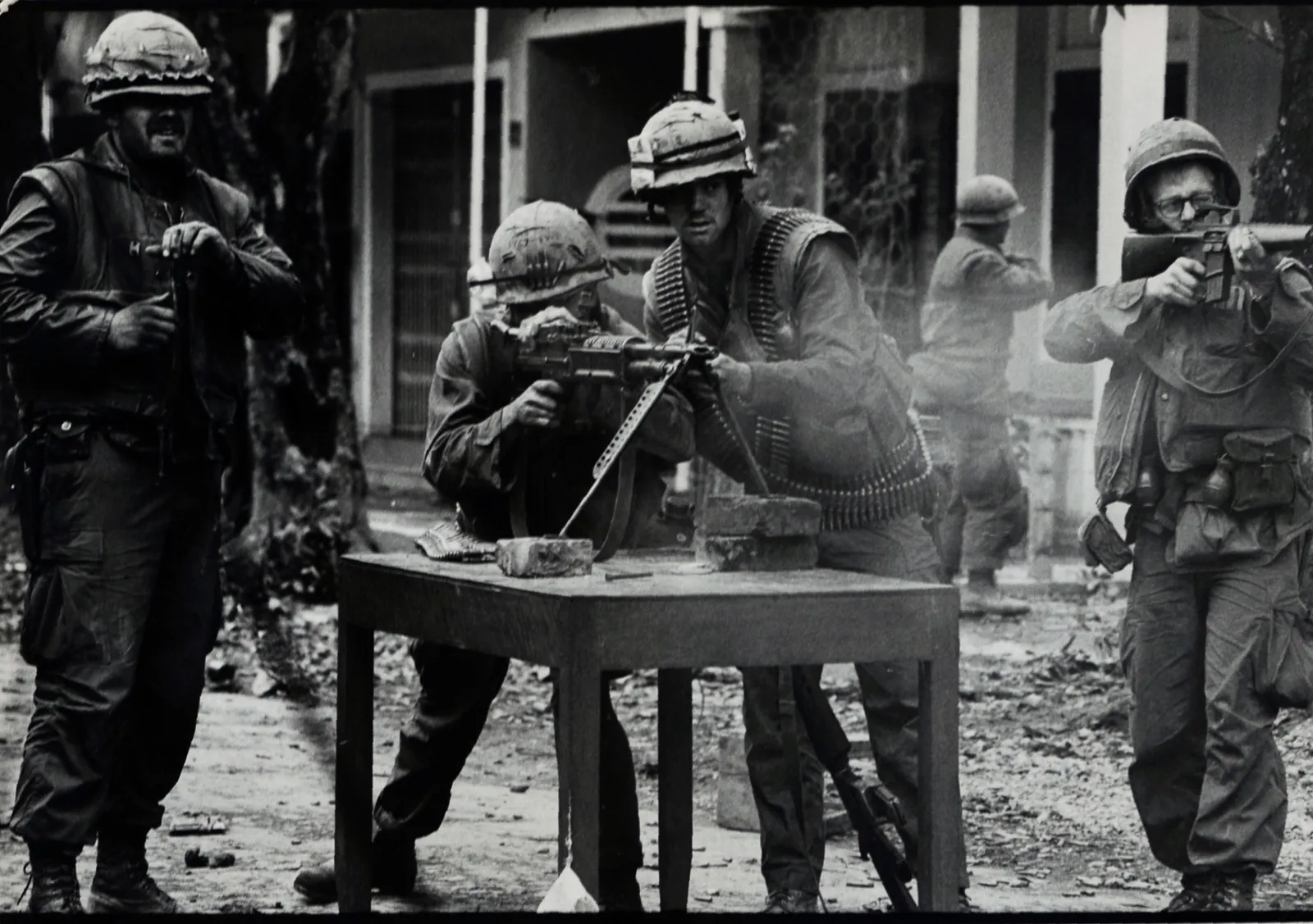 Don McCullin, Charlie Company Use Set Position in the Middle of the Road to Shoot at Distant Running N.V.A. Soldiers, Hue, Vietnam, 1968