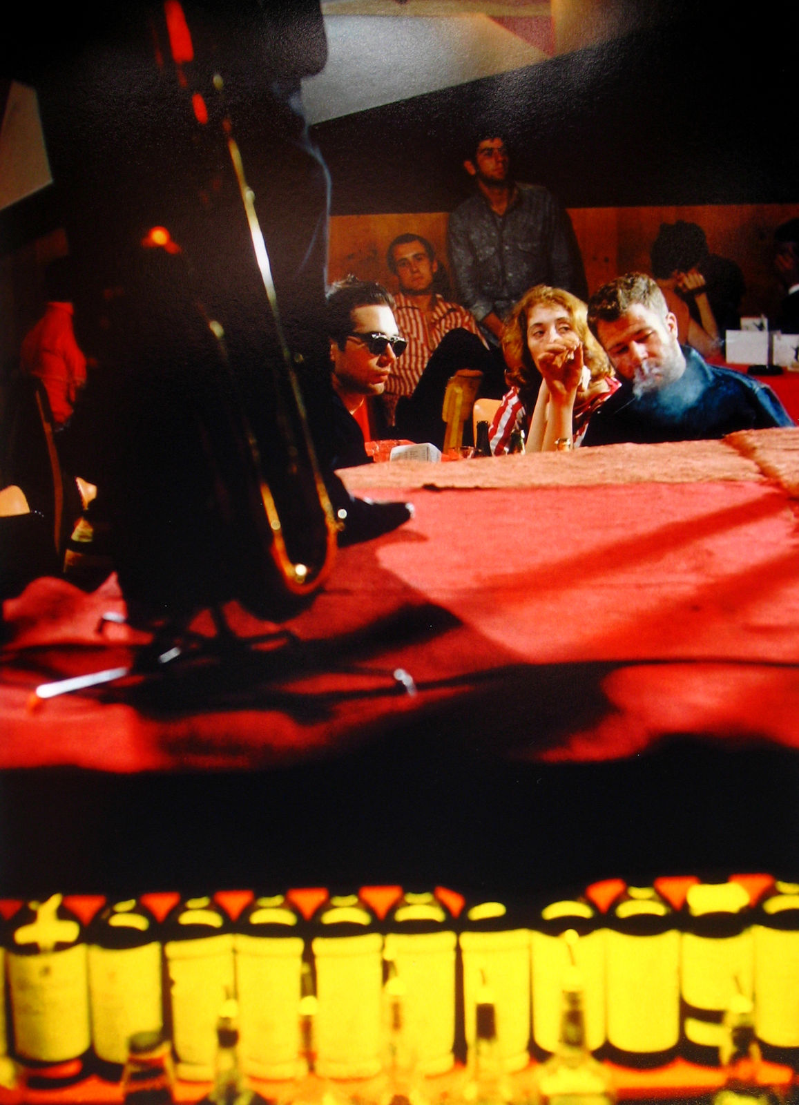 Burt Glinn, The band standing on top of liquor cabinet, Half Note Bar, New York City, 1959