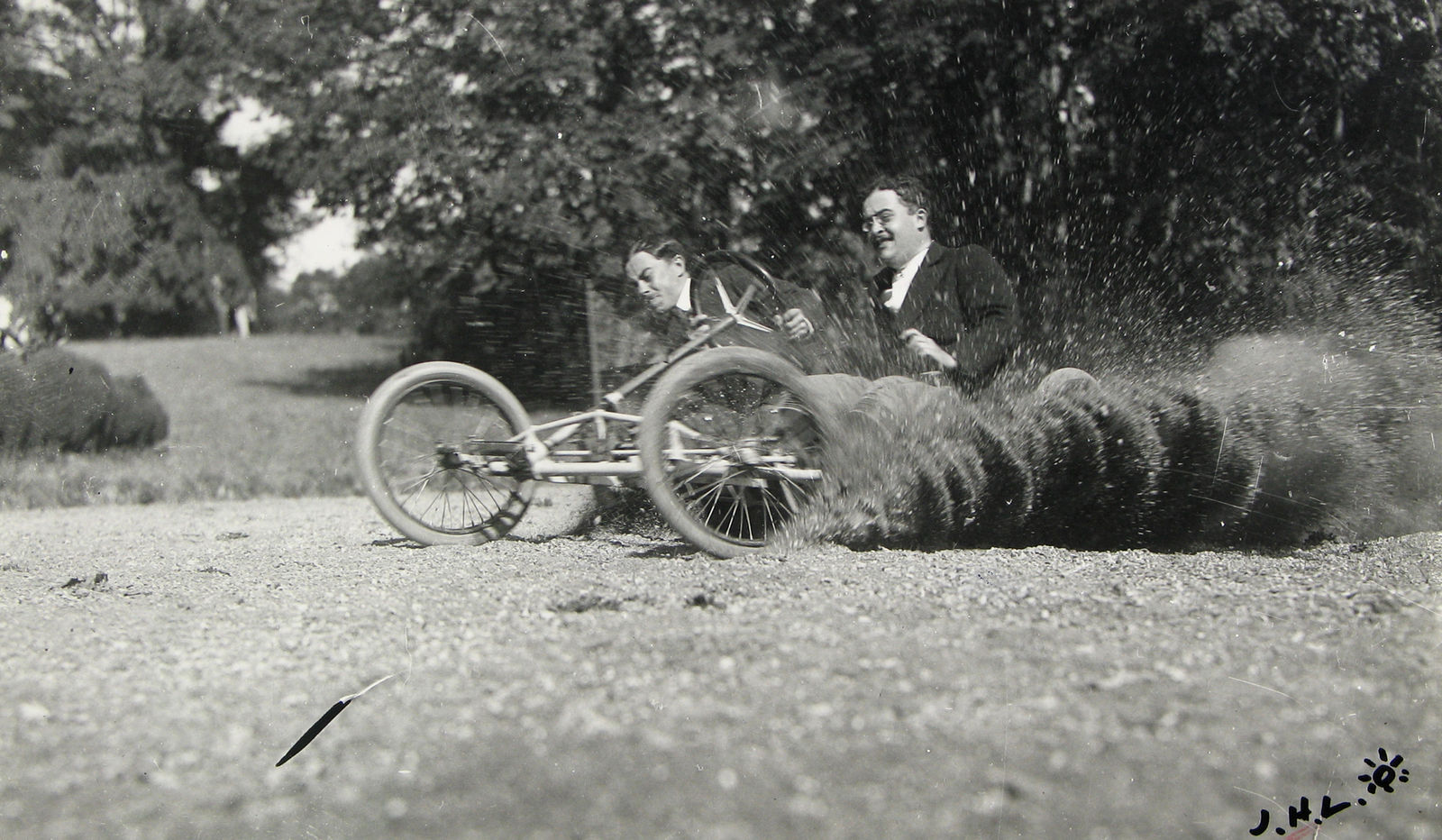 Jacques-Henri Lartigue, Jean Haguet and Louis Ferrand during the bobsled race at the Chateau de Rouzat, 1911