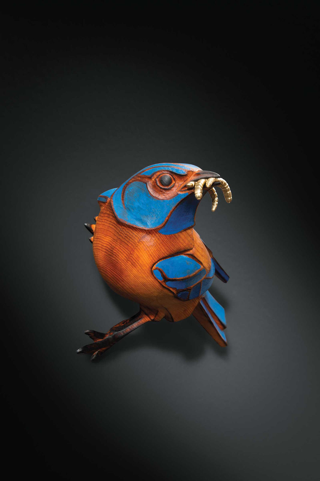 Trajectory Blue, yew, carved 14k gold, OSHA blue oil paint, 2 x 5 x 3"