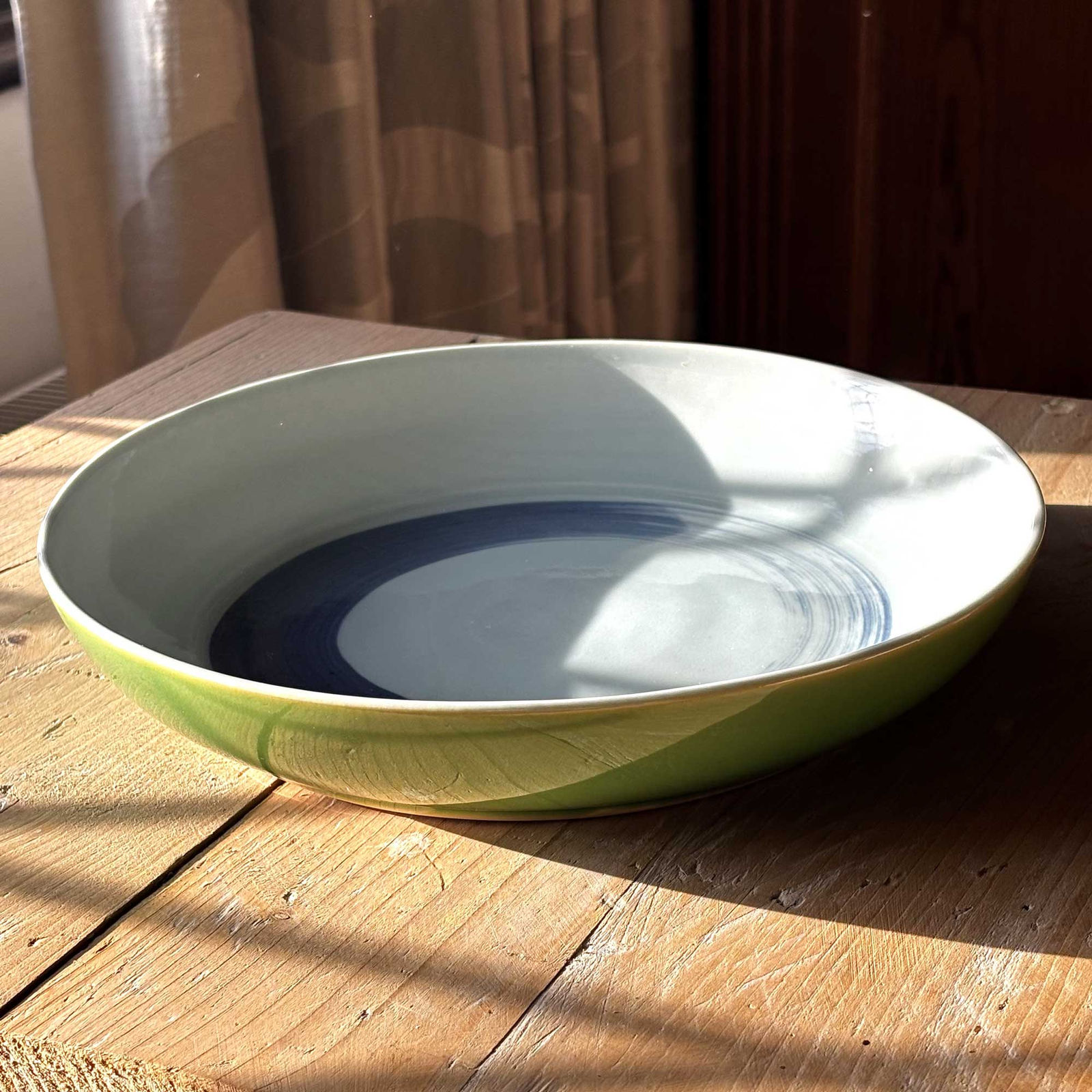 Cecilia Willis, Medium Green and Celadon Dish with blue brush decoration, 2026