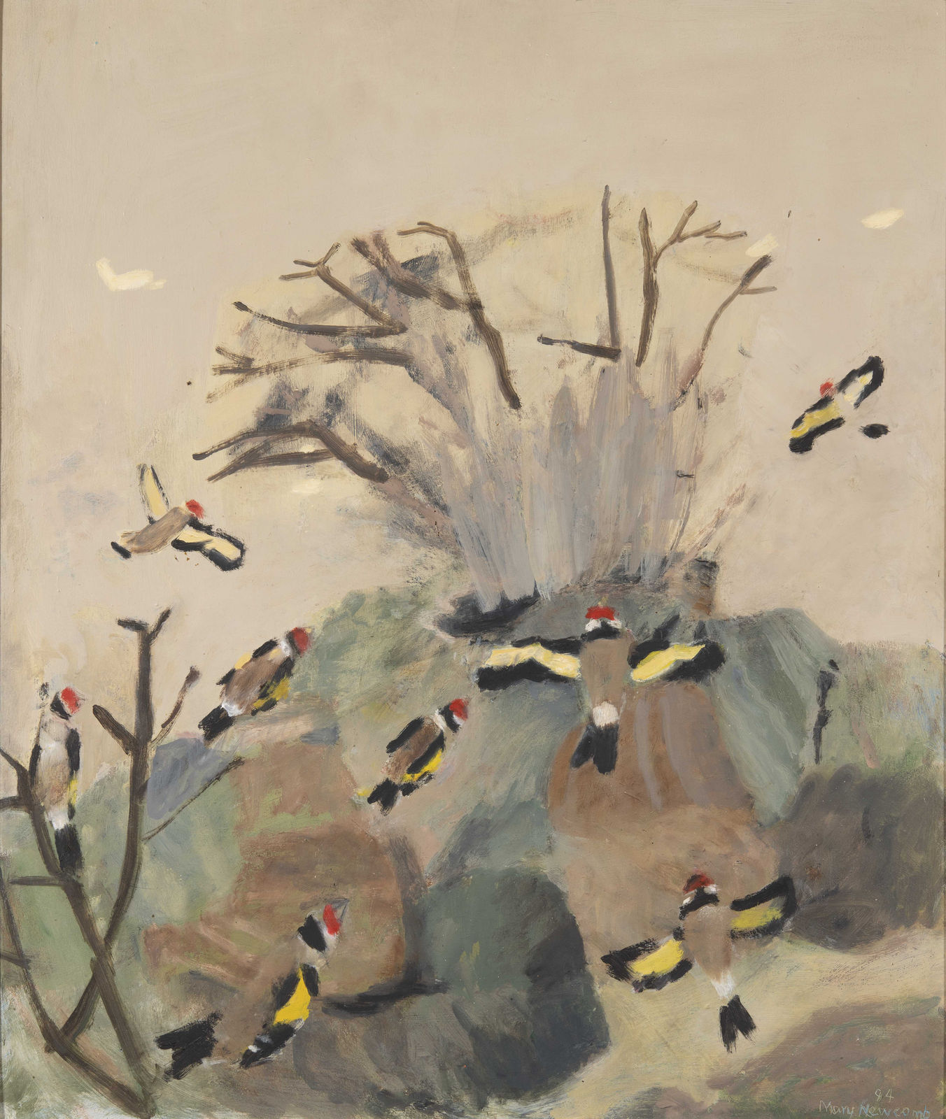 Mary Newcomb, Goldfinches flying to a lit bush , 1994