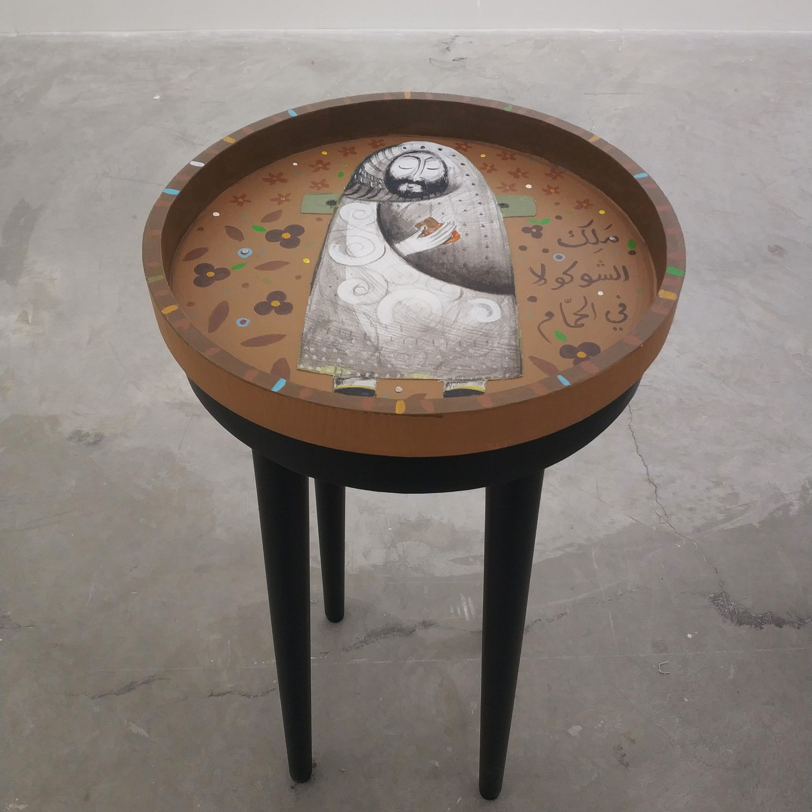 Boutros Al Maari, Chocolate king, 2025, Acrylic on wooden table, 65x32cm