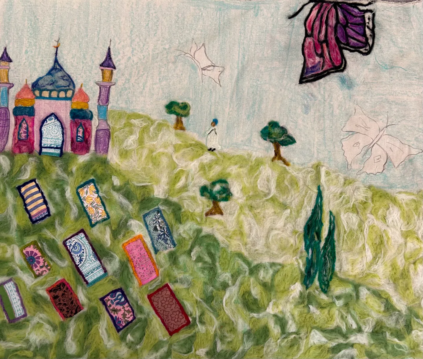 Karma Bint Abbas, Sheikh on a hill, 2025, Needle Felting, Wool on Canvas, reused fabric, 101x123cm