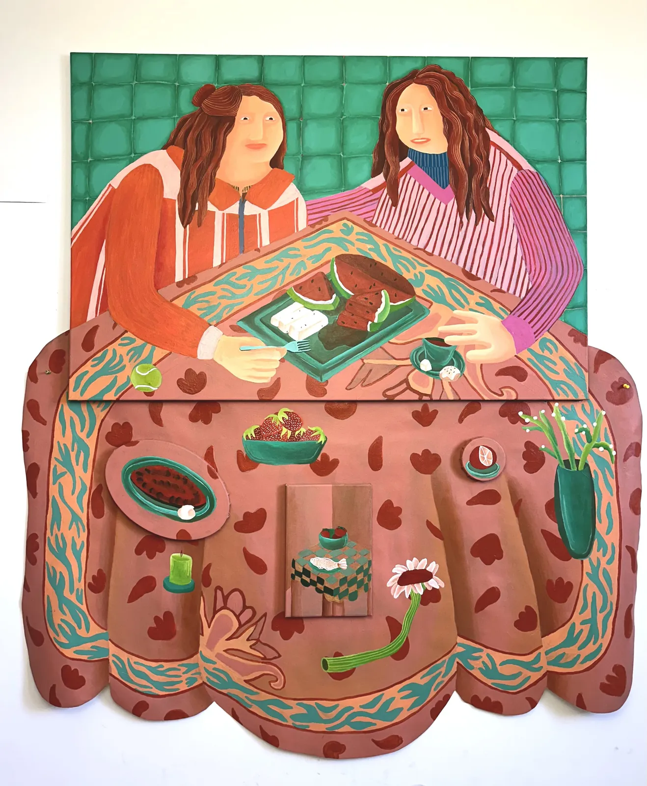 Noor Bseiso, Jibneh w Bateekh, 2025, Acrylic on canvas, 210x120cm