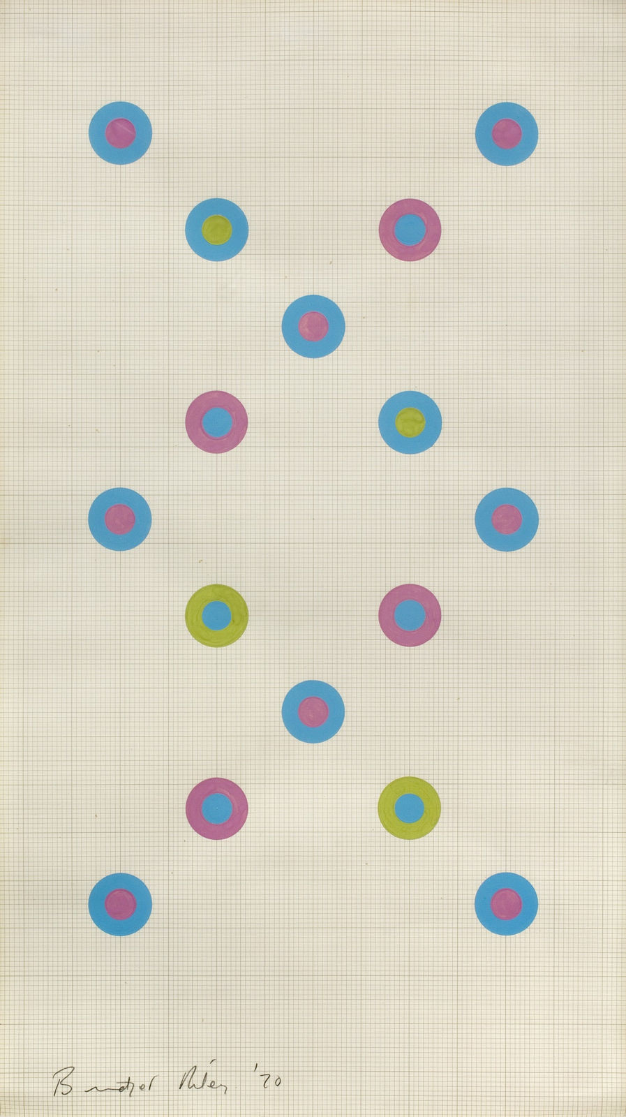 Bridget Riley (b. 1931), BRIDGET RILEY | DISCS: TURQUOISE DOMINATING OLIVE AND MAGENTA, 1970