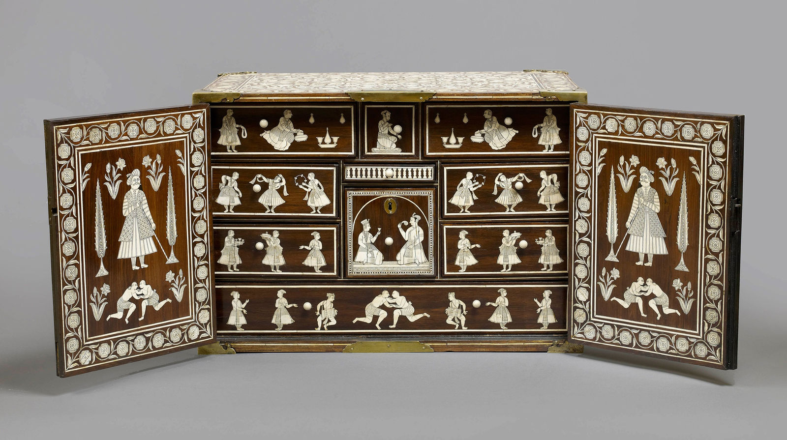Cabinet with figurative Ivory Inlay, India, Gujarat or Deccan, for export to Europe, c. 1700