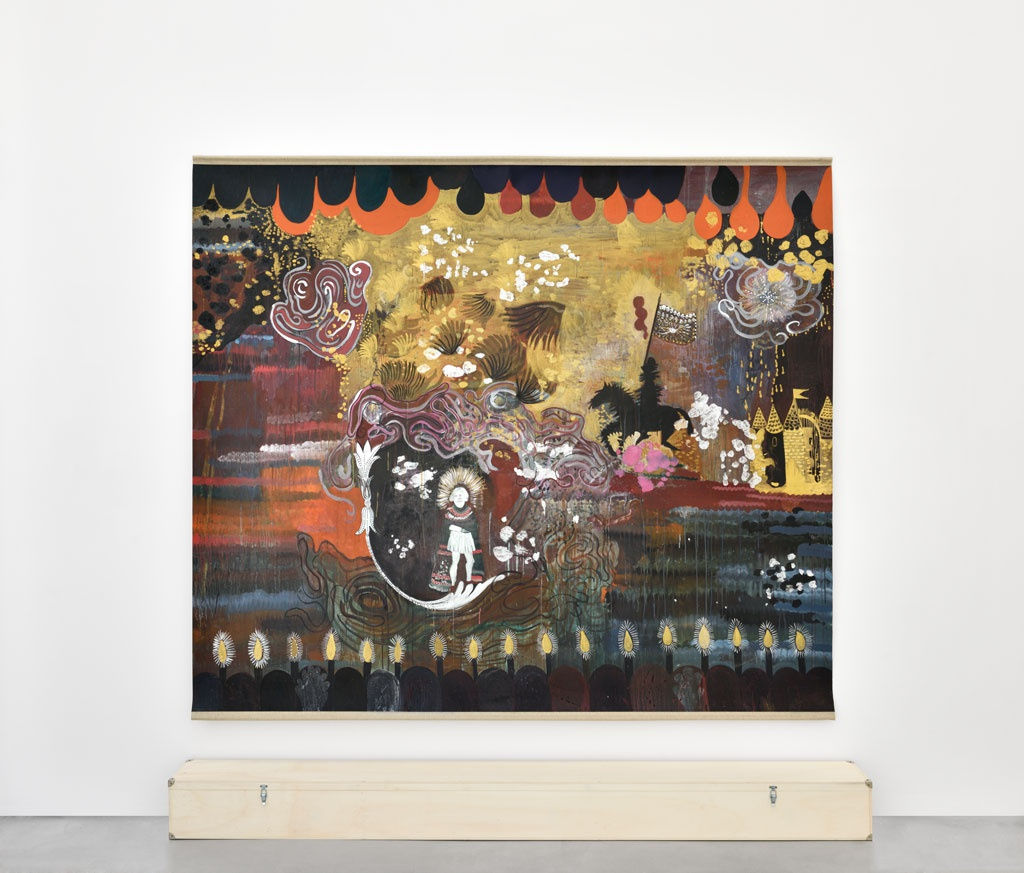 Hélène Delprat, Ritorno al castello remake ou Le cavalier noir de De Chirico ne me fait pas peur, 2013 Pigment or, pigment argent, pigments et liant acrylique sur papier marouflé sur toile libre 213 x 240 cm / 82,7 x 98,4 in